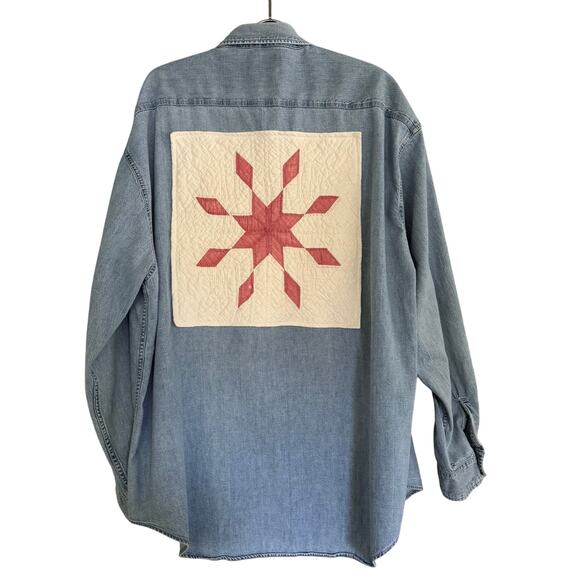 Womens 3XL Tall Gap Denim Shirt Pink Starburst Quilt Block Applique Cottage Core - Picture 1 of 11